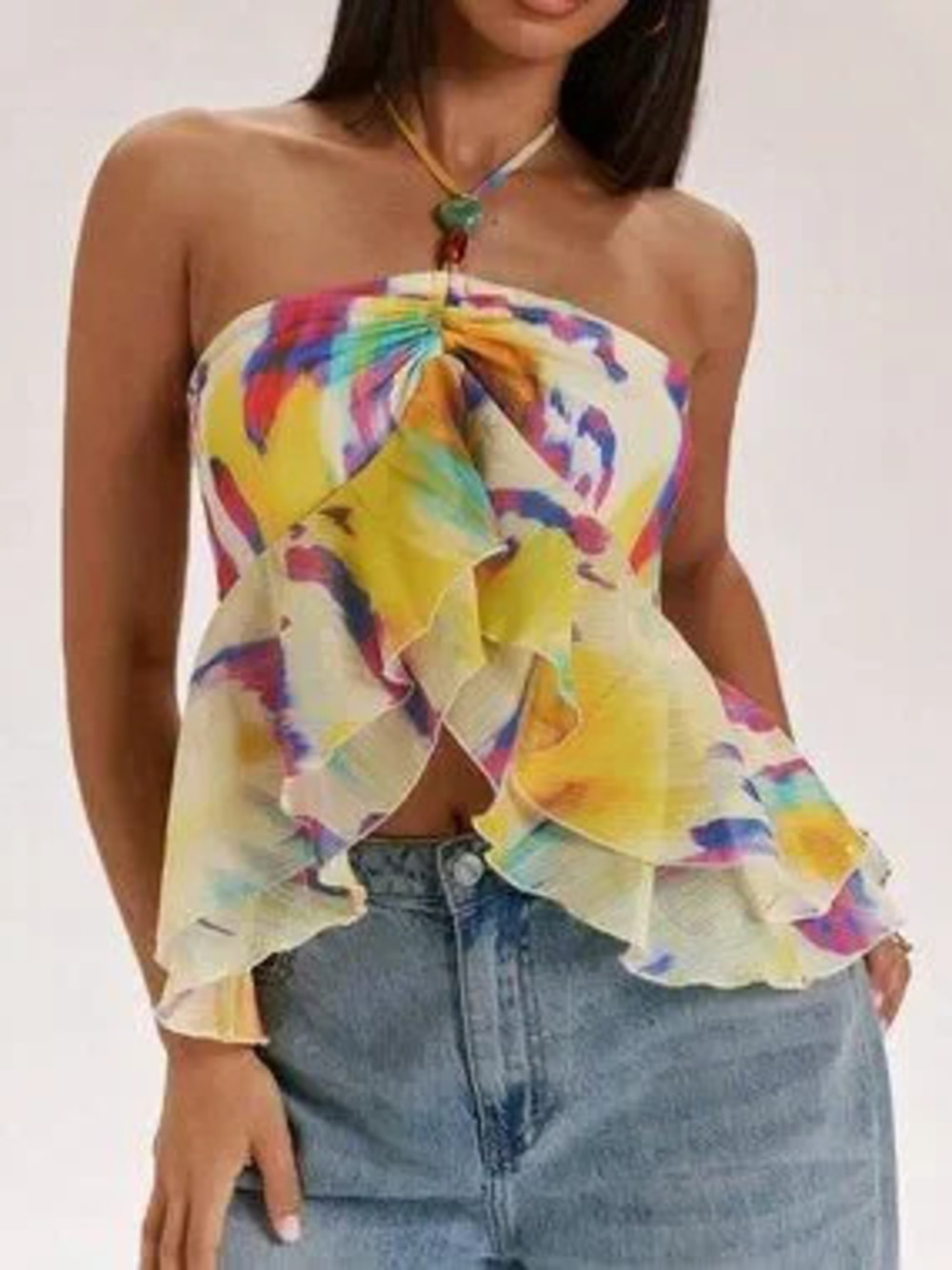 ZARA Multicolor Boho Women's Ruffle Collar Backless Beaded Camisole Top